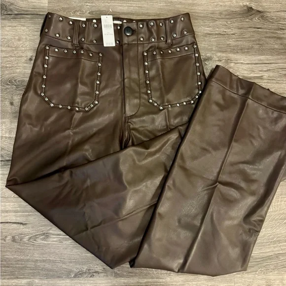 NWT Anthropologie TALL Colette Full-Length Faux Leather Studded Wide Leg Pants - Picture 3 of 6